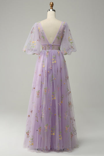 A-Line V-Neck Embroidery Lavender Long Ball Dress with Short Sleeves